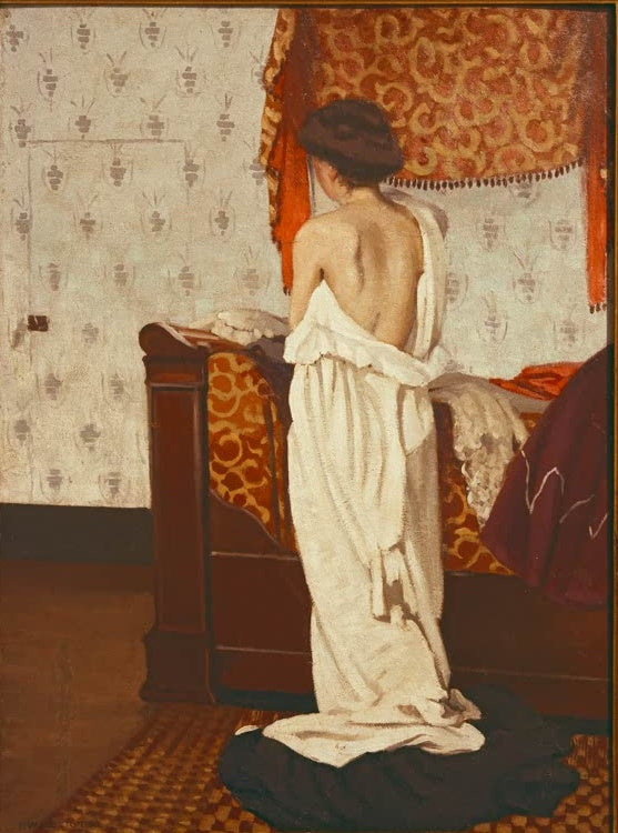 Félix Vallotton Beim Ankleiden, Frau am Alkovenbett Kunstkopie, Rückenfigur in weißem Gewand vor gemustertem Bettvorhang