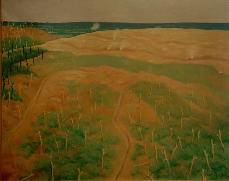 Félix Vallotton Beschuss der deutschen Drahtverhaue Kunstkopie, zerschossene Waldhügel mit Rauchwolken an der Westfront
