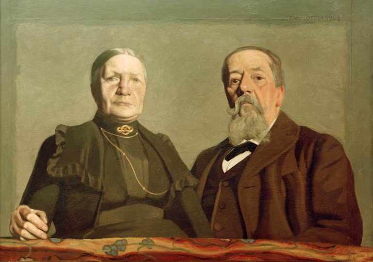 Félix Vallotton Bildnis der Eltern des Künstlers Kunstkopie, älteres Ehepaar mit Brosche und Vollbart vor grünem Hintergrund