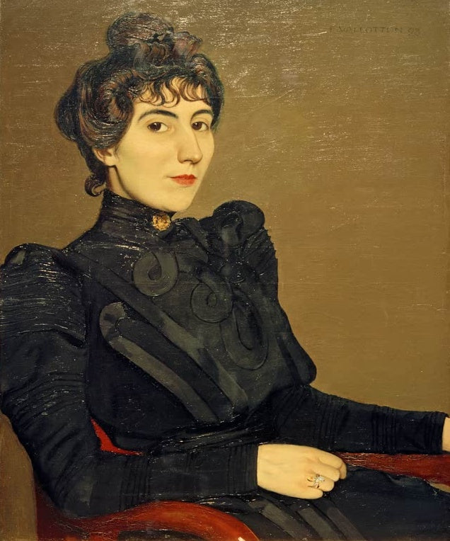 Félix Vallotton Marthe Mellot Kunstkopie, Bildnis einer Frau in schwarzem Kleid mit Hochsteckfrisur vor olivbraunem Grund