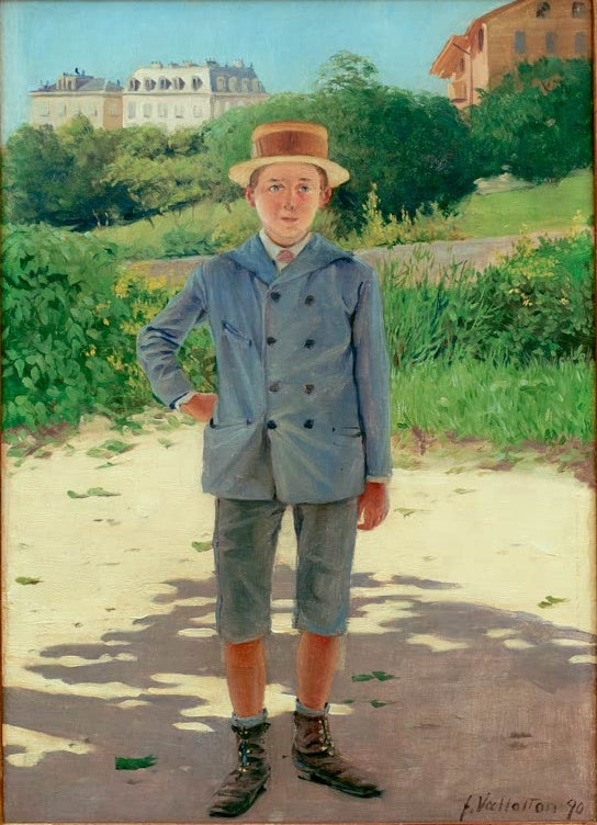 Félix Vallotton Bildnis des jungen Delisle Kunstkopie, Junge mit Strohhut und blauer Jacke in sonnigem Park