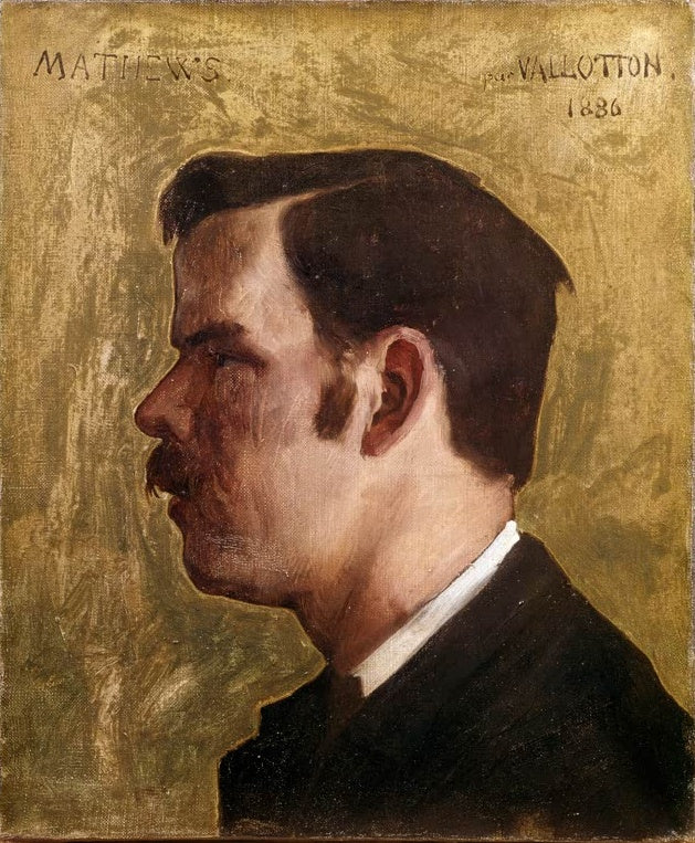 Félix Vallotton Bildnis des Malers Mathews Kunstkopie, Profilbildnis eines Mannes mit Schnurrbart vor goldocker Grund