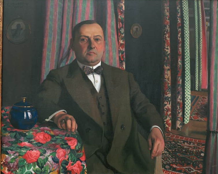 Félix Vallotton Bildnis des Monsieur Haasen Kunstkopie, sitzender Mann im Anzug mit Fliege vor gemusterten Vorhängen