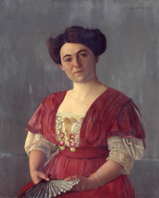 Félix Vallotton Bildnis einer Frau in rotem Kleid Kunstkopie, Halbfigur mit Fächer vor grauem Hintergrund, Spitzenärmel