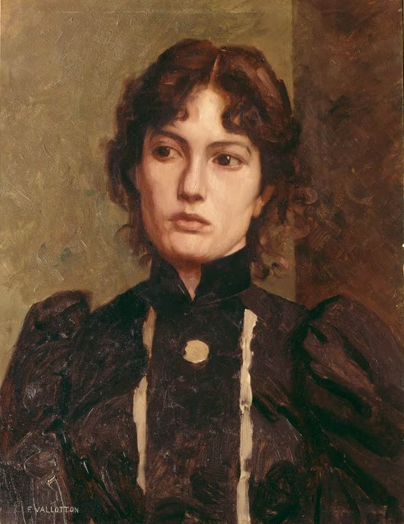 Félix Vallotton Bildnis einer jungen Frau Kunstkopie, Brustbild mit gelocktem Haar und dunkler Bluse vor olivgrünem Grund
