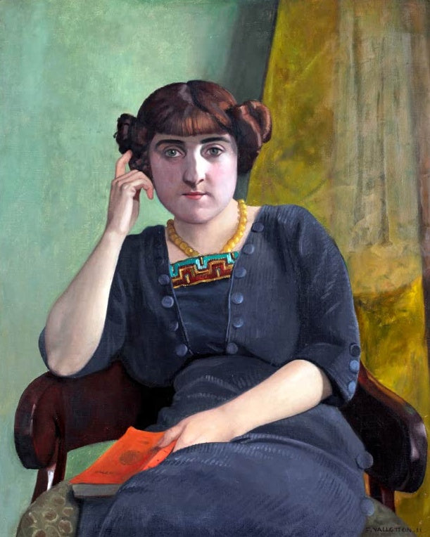 Félix Vallotton Bildnis einer jungen Frau mit rotem Buch Kunstkopie, Frau im blauen Kleid stützt den Kopf vor grünem Grund