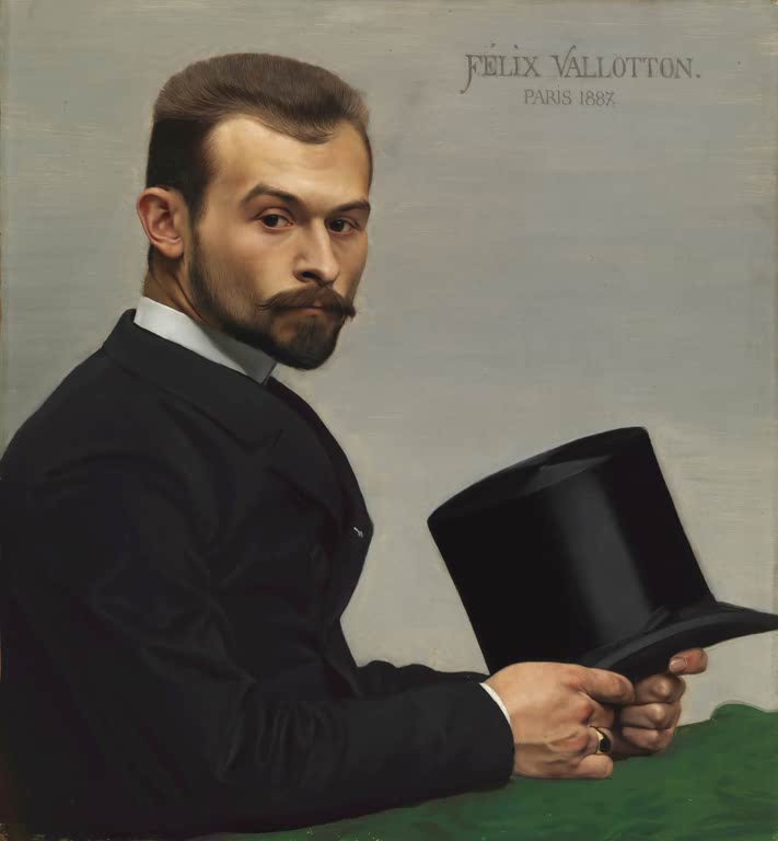 Félix Vallotton Bildnis Félix Jasinski mit Hut in der Hand Kunstkopie, bärtiger Mann im dunklen Anzug hält einen Zylinder