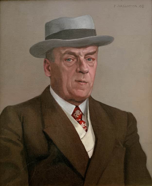 Félix Vallotton Bildnis Octave Mirbeau mit grauem Hut Kunstkopie, Brustbild in braunem Anzug und roter Krawatte
