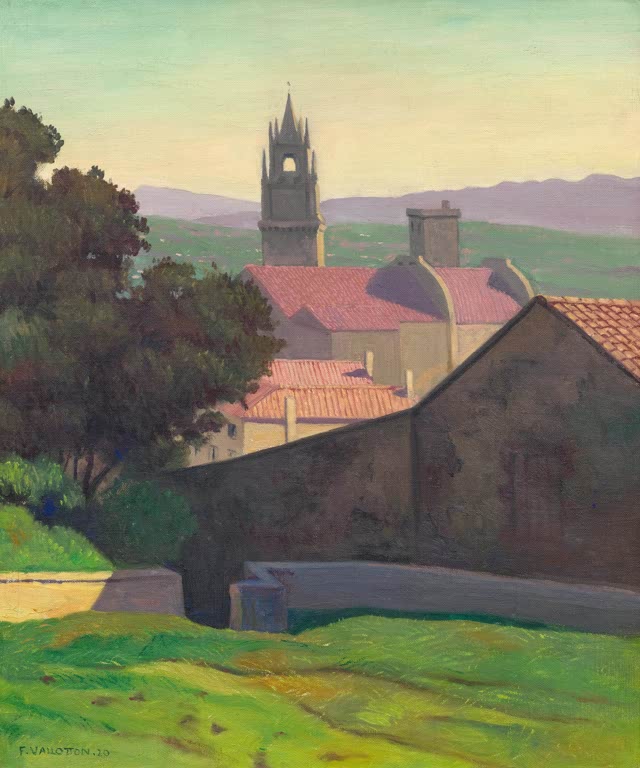 Félix Vallotton Blick auf Avignon Kunstkopie, spitzer Kirchturm über roten Dächern, Gartenmauer und grüner Wiese