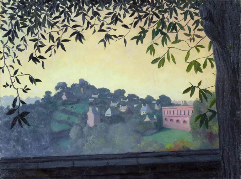 Félix Vallotton Blick auf Dinan Kunstkopie, Häuser im Morgennebel hinter dunklem Baumstamm und Blättern vor gelbem Himmel