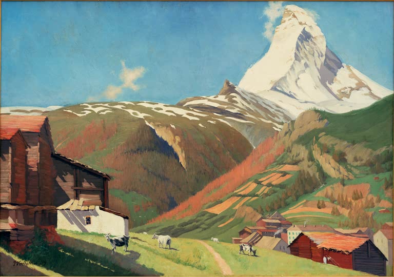 Félix Vallotton Blick auf Zermatt mit Matterhorn Kunstkopie, verschneiter Gipfel über Holzhäusern und weidenden Ziegen
