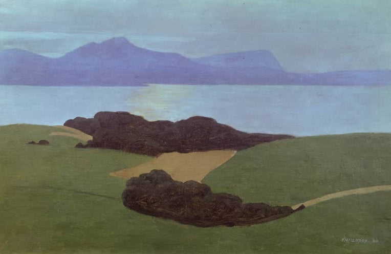 Félix Vallotton Blick auf den Genfersee Kunstkopie, grüne Hügel, dunkle Baumgruppen und violette Berge über dem See