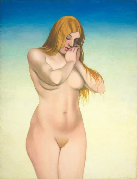 Félix Vallotton Blonder Akt Kunstkopie, stehende Frau mit langem blondem Haar vor blau-gelbem Farbverlauf