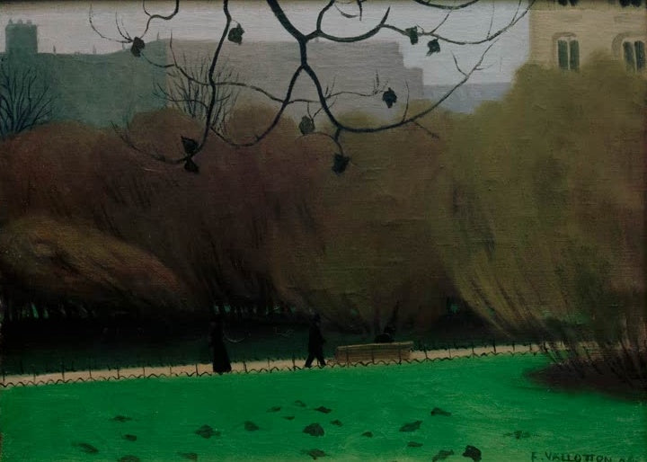 Félix Vallotton Bois de Boulogne Kunstkopie, Parkweg mit zwei Spaziergängern und Bank vor braunen Büschen und grüner Wiese