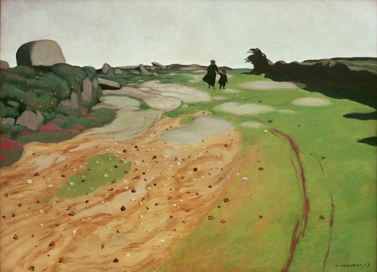 Félix Vallotton Bretonische Heidelandschaft Kunstkopie, grüne Heide mit sandigem Weg, Felsblöcken und zwei kleinen Gestalten