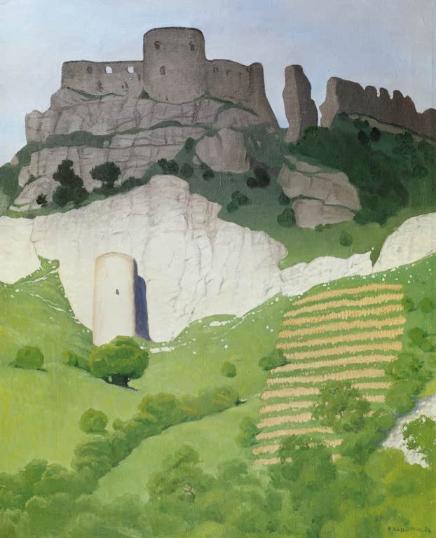 Félix Vallotton Château Gaillard Kunstkopie, Burgruine auf Felsen über weißer Kreidewand und grünen Hängen mit Feldstreifen