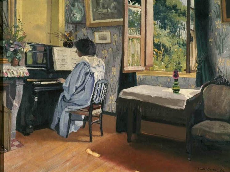 Félix Vallotton Dame am Klavier Kunstkopie, Frau in hellblauem Hausmantel spielt am Klavier neben offenem Fenster