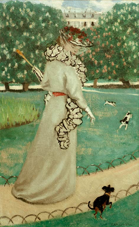 Félix Vallotton Dame im Luxembourg-Garten Kunstkopie, Frau mit Sonnenschirm und Hunden unter blühenden Kastanien