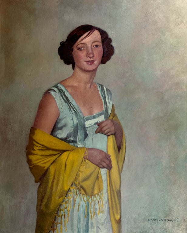 Félix Vallotton Damenbildnis mit gelbem Schal Kunstkopie, junge Frau in hellblauem Kleid mit gelbem Fransenschal