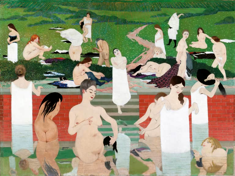 Félix Vallotton Das Bad am Sommerabend Kunstkopie, badende Frauen an einem Becken vor roter Ziegelwand und grüner Wiese