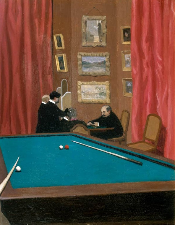 Félix Vallotton Das Billardspiel Kunstkopie, türkisfarbener Billardtisch, Herren im Hintergrund und rote Vorhänge im Salon