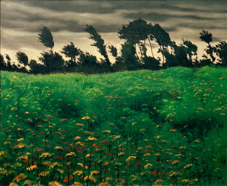 Félix Vallotton Das blühende Feld Kunstkopie, grüne Wiese mit gelben und roten Blumen unter windgebeugten Bäumen