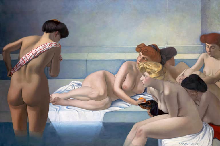 Félix Vallotton Das türkische Bad Kunstkopie, mehrere badende Frauen in einem blau gefliesten Dampfbad