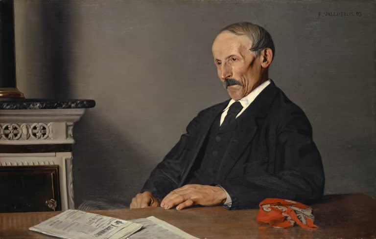 Félix Vallotton Der alte Concierge Kunstkopie, älterer Mann im dunklen Anzug am Tisch mit Zeitung vor grauer Wand