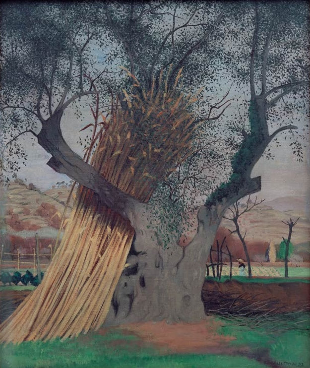 Félix Vallotton Der alte Olivenbaum Kunstkopie, knorriger Stamm mit angelehntem Strohbündel vor sanften Hügeln