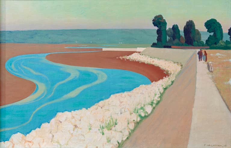 Félix Vallotton Der Deich von Honfleur Kunstkopie, türkisfarbener Wasserlauf, helle Steinböschung und zwei Spaziergänger