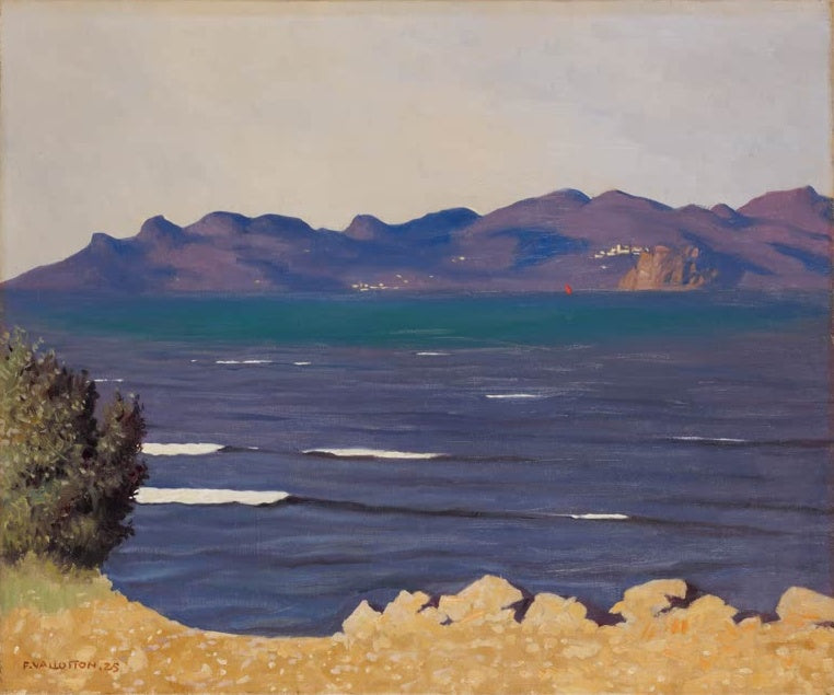 Félix Vallotton Der Esterel und die Bucht von Cannes Kunstkopie, violette Bergkette über tiefblauem Meer mit weißer Brandung