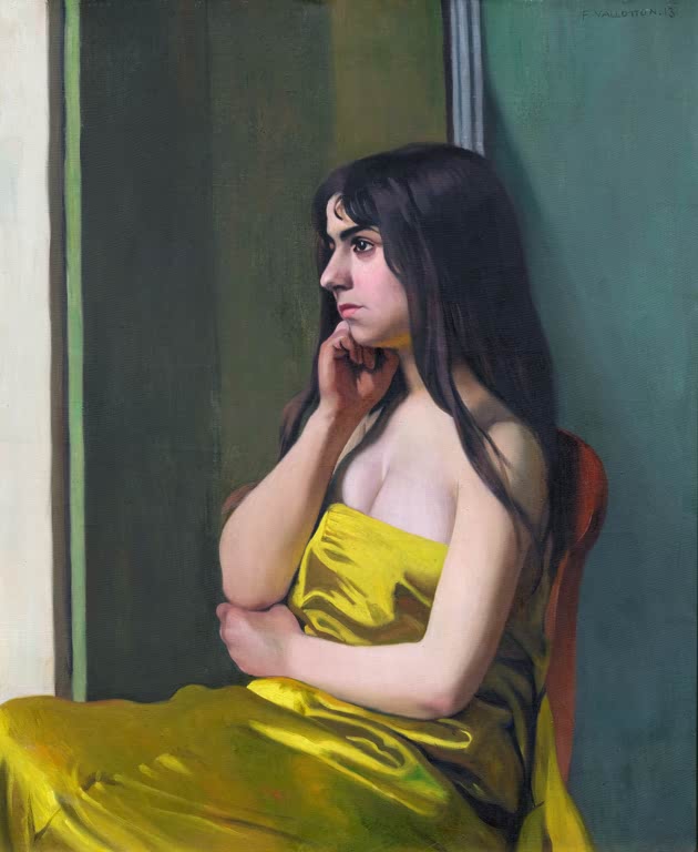Félix Vallotton Der gelbe Stoff Kunstkopie, junge Frau stützt das Kinn, gelber Seidenstoff vor grünem Grund
