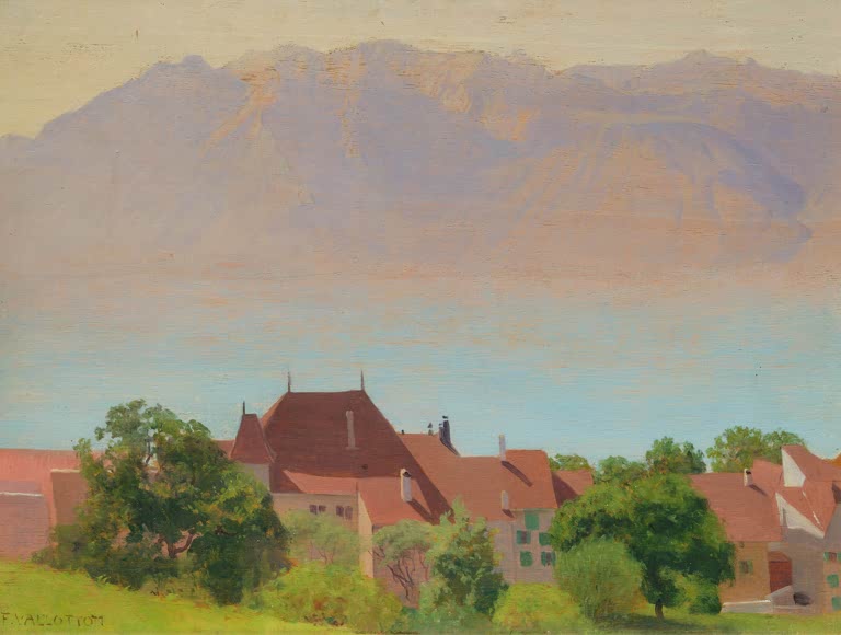 Félix Vallotton Der Genfersee Kunstkopie, rote Dächer vor dem See und einem rosa schimmernden Bergmassiv