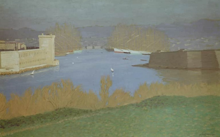Félix Vallotton Der Hafen von Marseille Kunstkopie, ruhige Hafeneinfahrt mit Festungsturm, Segelbooten und Masten