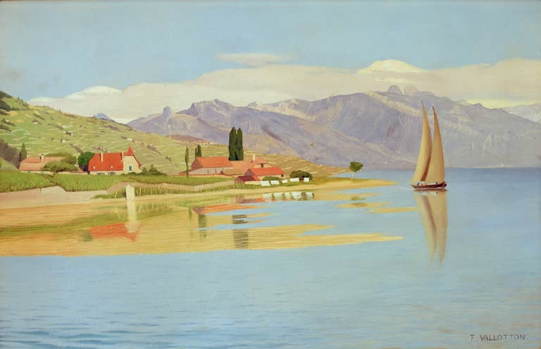 Félix Vallotton Der Hafen von Pully Kunstkopie, Segelboot auf dem Genfer See vor Weinbergen und Bergen