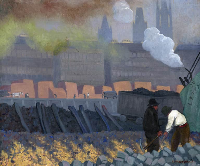 Félix Vallotton Der Hafen von Rouen Kunstkopie, Hafenarbeiter mit Hacken an Kohlehalden vor dunstiger Stadtsilhouette