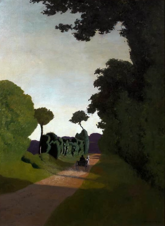 Félix Vallotton Der Karren Kunstkopie, Landstraße mit kleinem Pferdewagen zwischen dunklen Bäumen und geschnittenen Hecken