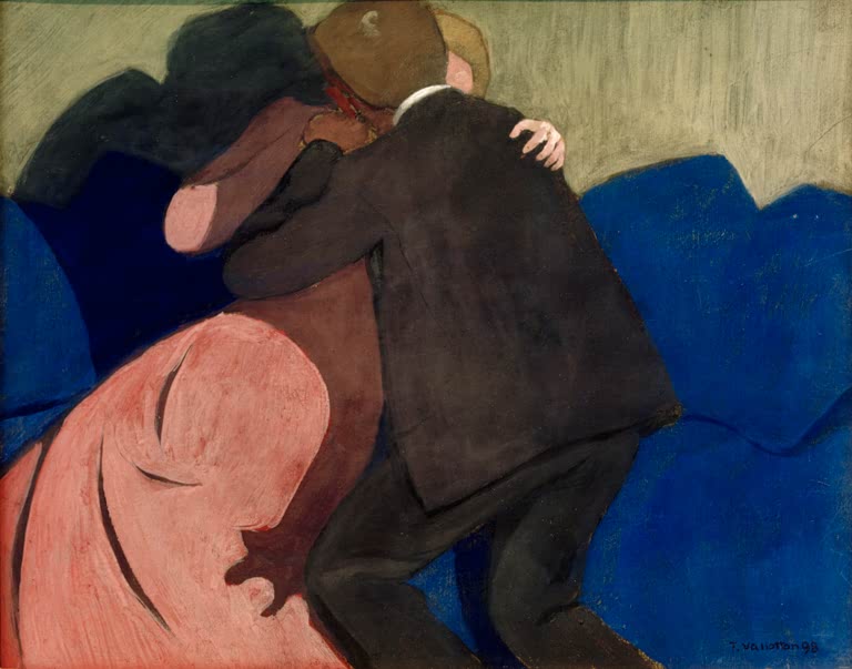 Félix Vallotton Der Kuss Kunstkopie, eng umschlungenes Paar auf einem tiefblauen Sofa vor hellgrauem Grund