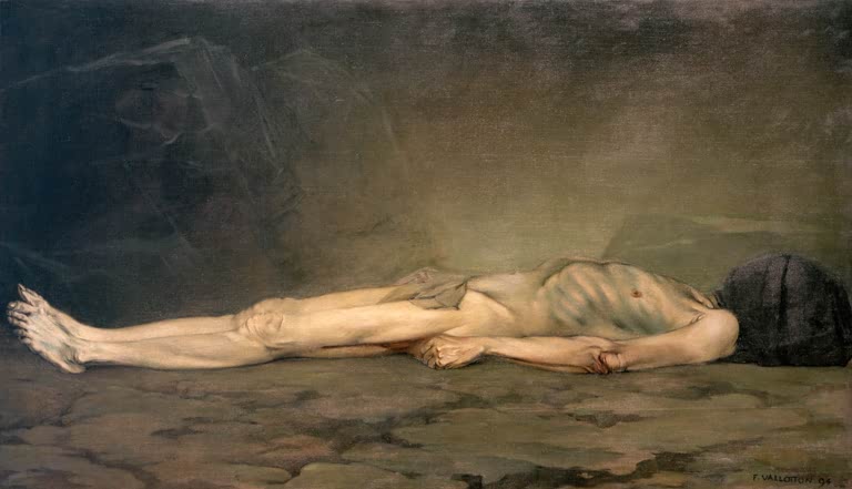 Félix Vallotton Der Leichnam Kunstkopie, ausgestreckter magerer Körper mit verhülltem Kopf auf steinigem Boden