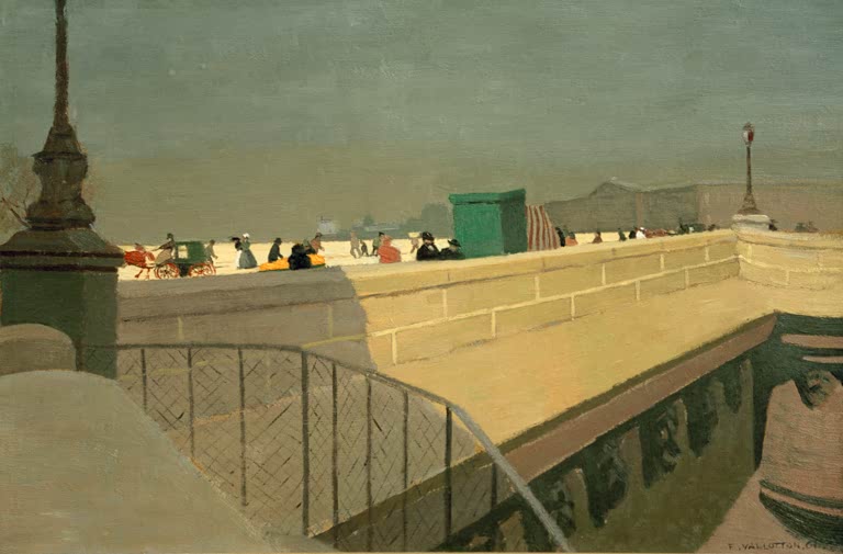 Félix Vallotton Der Pont Neuf Kunstkopie, Pariser Brücke mit Brüstung, Passanten, Kutsche und dunstigem Himmel