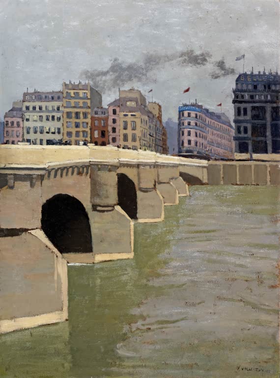 Félix Vallotton Der Pont Neuf Kunstkopie, helle Steinbrücke über grüner Seine mit Uferhäusern und Rauchwolken