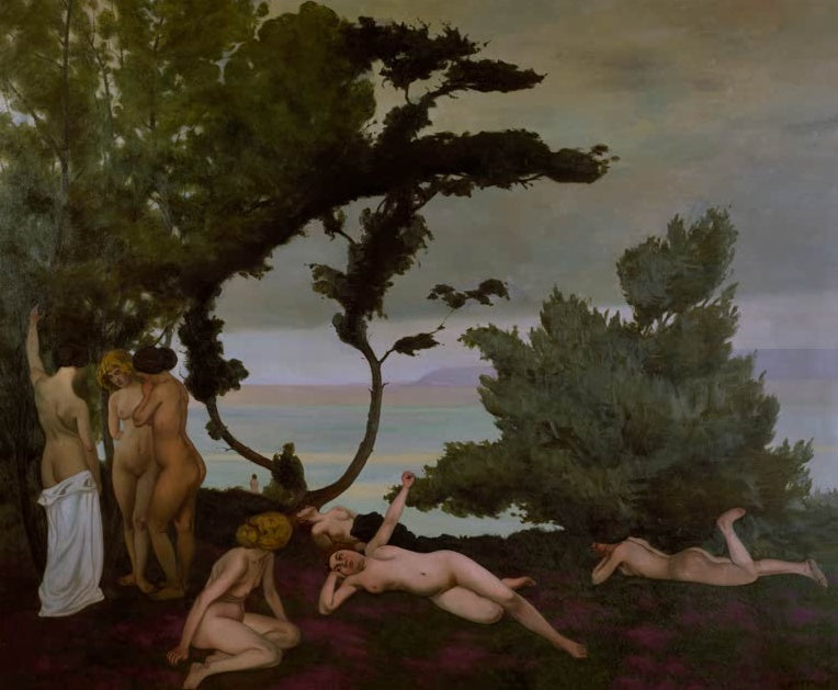 Félix Vallotton Der Sommer Kunstkopie, nackte Frauen unter windgebeugten Pinien im Heidekraut vor einem dämmrigen Meer