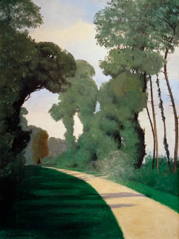 Félix Vallotton Der Staub Kunstkopie, heller Sandweg zwischen hohen Bäumen und grünem Rasen mit langen Schatten