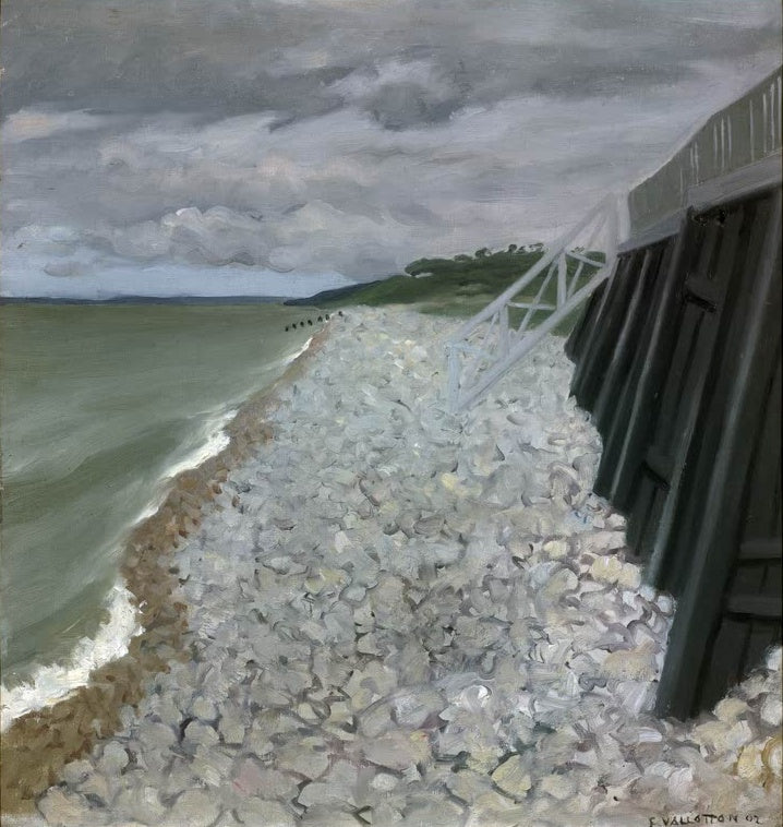 Félix Vallotton Der Strand von Villerville Kunstkopie, heller Kieselstrand mit dunkler Mole und grünem Meer unter Wolken