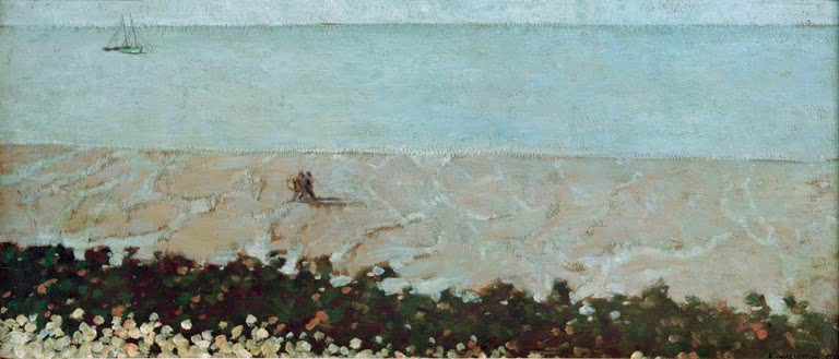 Félix Vallotton Der Strand von Villerville Kunstkopie, heller Sandstrand, ruhiges Meer und ein Segelboot am Horizont