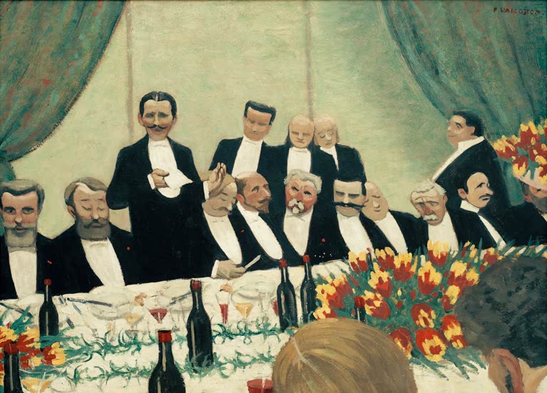 Félix Vallotton Der Toast Kunstkopie, Herrenrunde im Frack an festlicher Tafel mit Weinflaschen und roten Tulpen