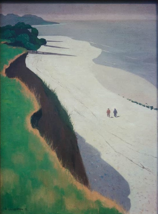 Félix Vallotton Der weiße Strand Vasouy Kunstkopie, zwei Spaziergänger auf hellem Strand unterhalb einer grünen Steilküste