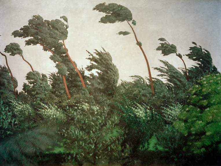 Félix Vallotton Der Wind Kunstkopie, vom Sturm gebogene Bäume mit rötlichen Stämmen über dichtem grünem Buschwerk