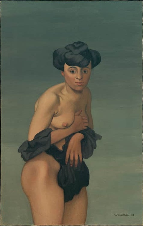 Félix Vallotton Der Winter Kunstkopie, stehende Frau mit hochgestecktem schwarzem Haar und dunklem Tuch vor graugrünem Grund