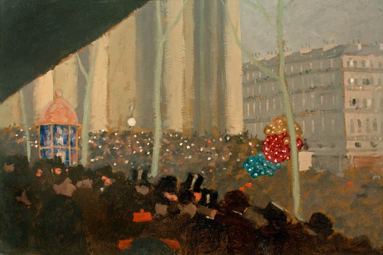 Félix Vallotton Die Ballone Kunstkopie, dunkle Menschenmenge in Paris mit bunten Luftballons und Häuserfassaden